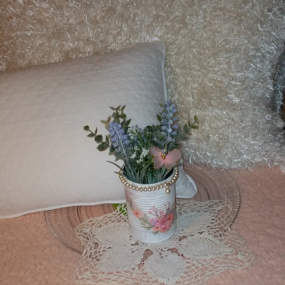 Unique Romantic Shabby Chic Tin Can Vase with Frosted Greenery & Faux Pearls